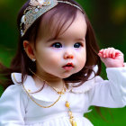 Toddler in white dress with golden necklace and lace headband gazes sideways