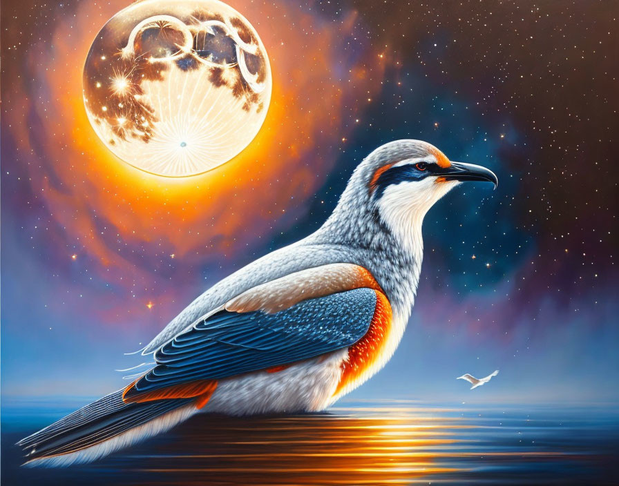 Colorful bird illustration with intricate feathers on cosmic backdrop with moon and stars over serene sea