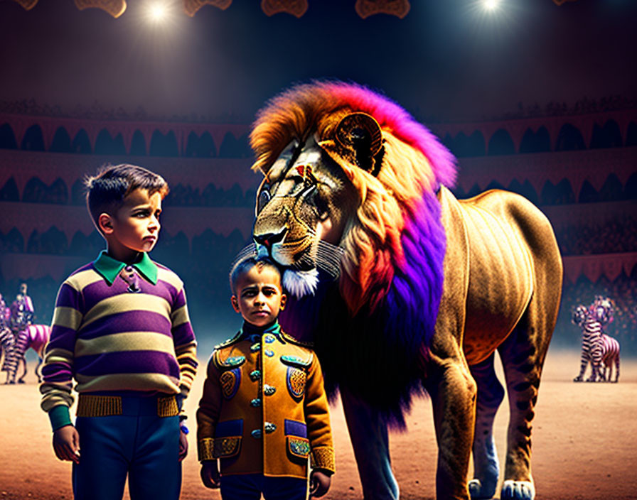 Boys, lion, audience, and performers in circus arena