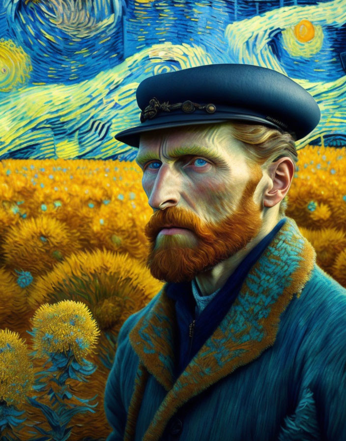 Man with Beard in Post-Impressionistic Style: Swirling Skies & Yellow Flowers