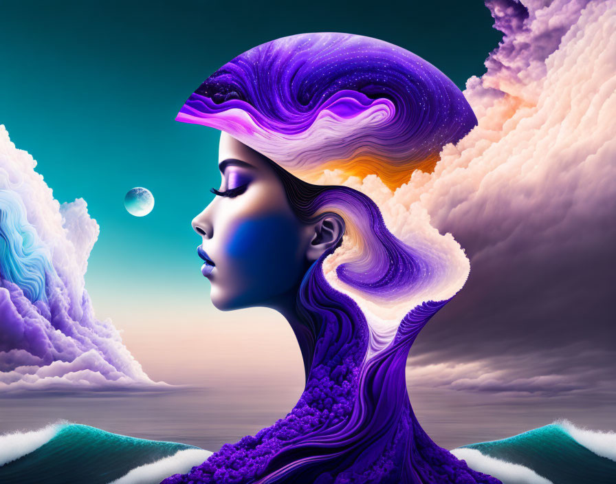 Surreal woman illustration with flowing purple head and vibrant sky