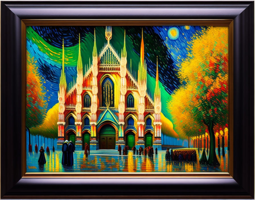 Colorful Cathedral Night Painting in Van Gogh Style