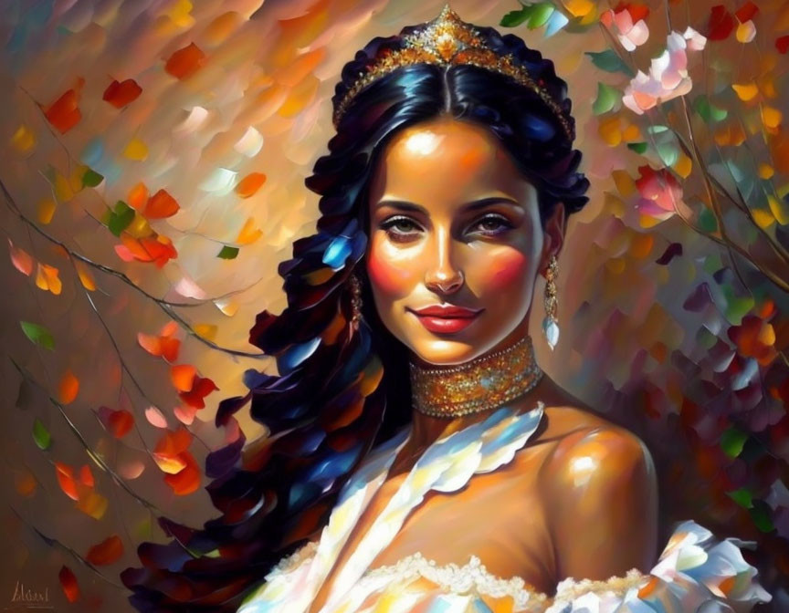Portrait of Woman with Tiara, Earrings, and Choker in Autumnal Setting