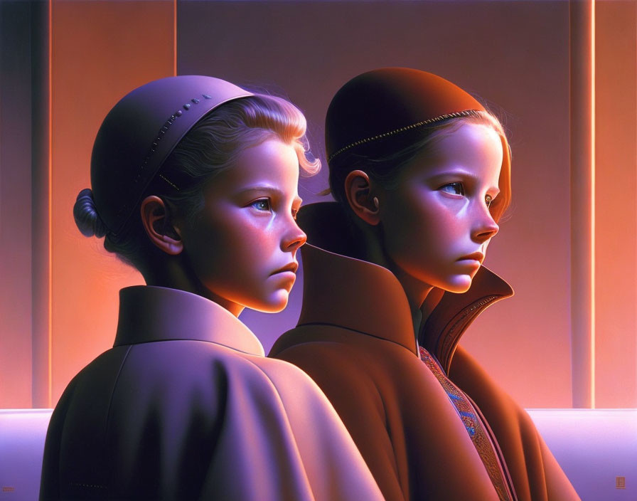 Two somber girls in headscarves and vintage attire under warm, pink light