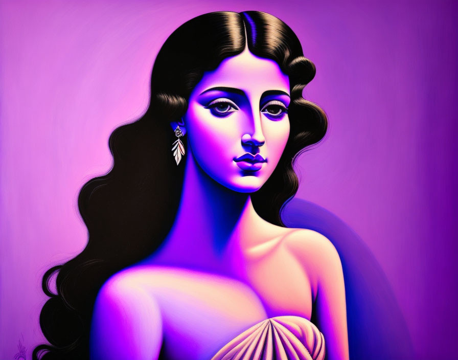 Stylized portrait of woman with long wavy hair and feather earring on purple gradient background