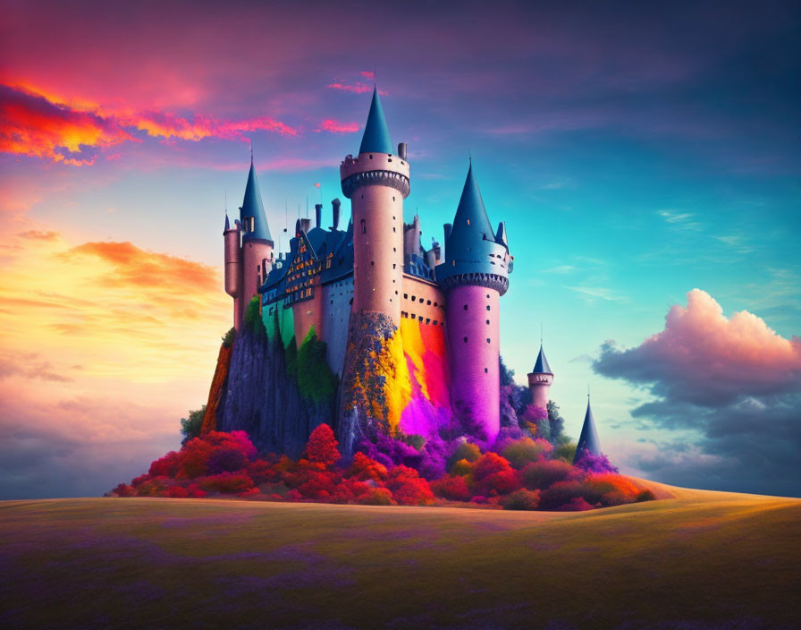 Colorful fairytale castle on hill under dramatic sunset sky