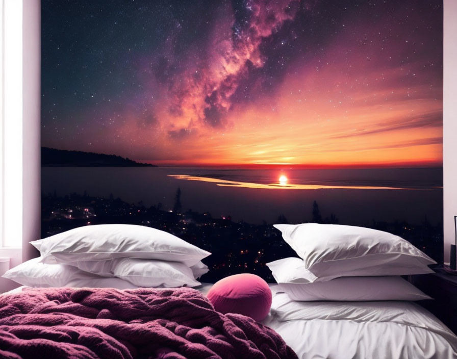 Vibrant sunset over ocean with purple night sky & Milky Way
