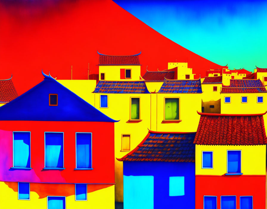 Vibrant stylized houses under gradient sky with red, blue, and yellow hues
