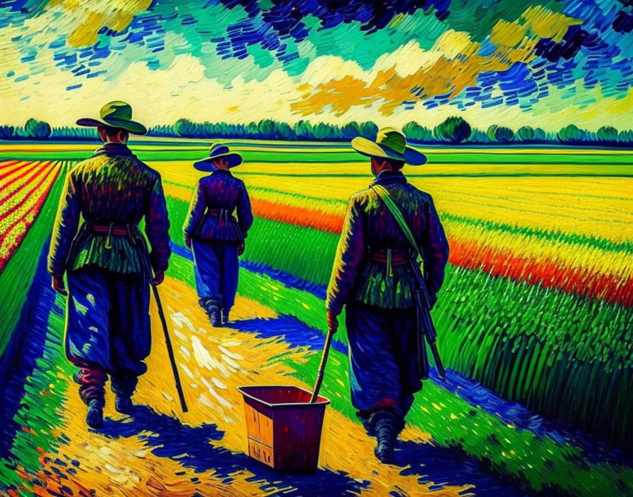Vibrant soldiers on colorful path under patterned sky