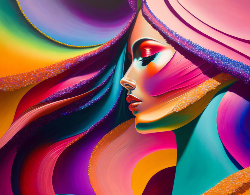 Colorful abstract digital art of stylized woman's face with flowing shapes