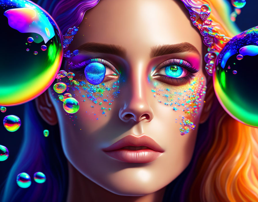 Colorful digital portrait of a woman with multicolored hair and glitter makeup