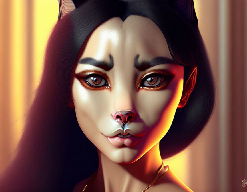 Digital artwork: Human-feline fusion with yellow eyes, cat ears, whiskers, warm background