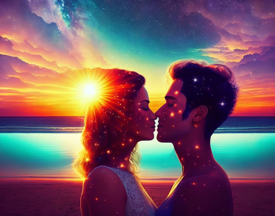 Silhouette couple art: Cosmic theme, stars on bodies, vibrant sunset beach.