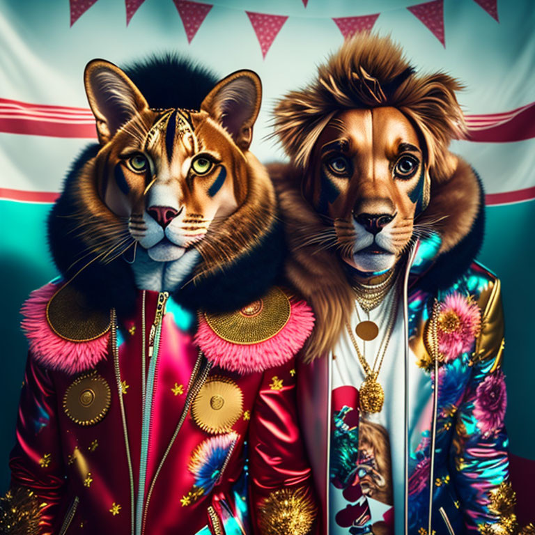 Digitally created image of tiger and lion hybrids in colorful attire