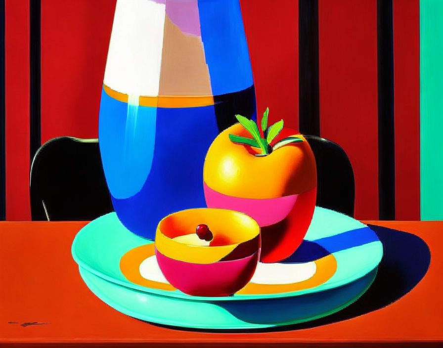 Colorful Still-Life Painting with Vase and Fruit on Table
