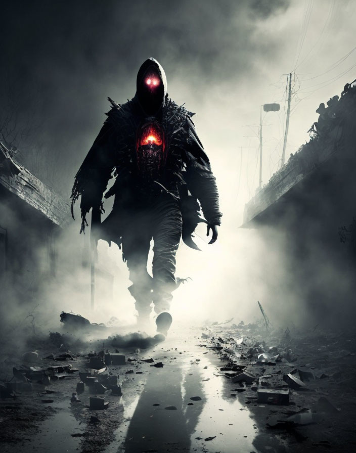 Menacing figure with glowing red eyes in post-apocalyptic landscape