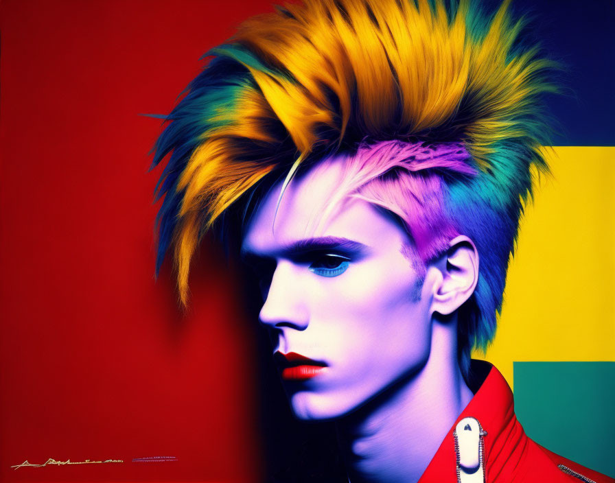 Vividly colored punk-style mohawk on a portrait against multicolored background