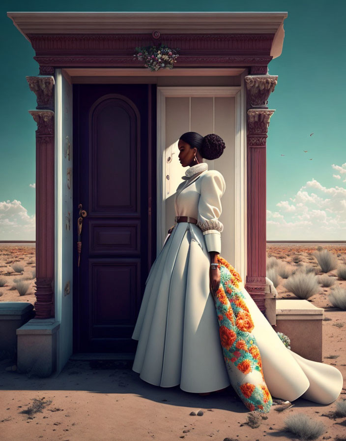 Woman in white and blue dress at ornate desert doorway