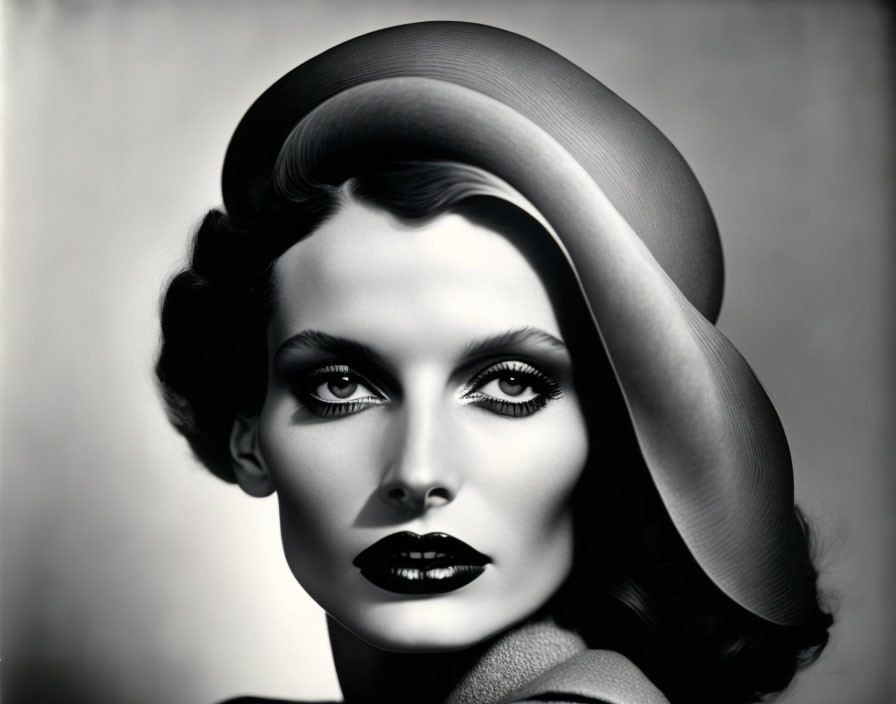 Monochromatic portrait of woman with dramatic makeup and wide-brimmed hat