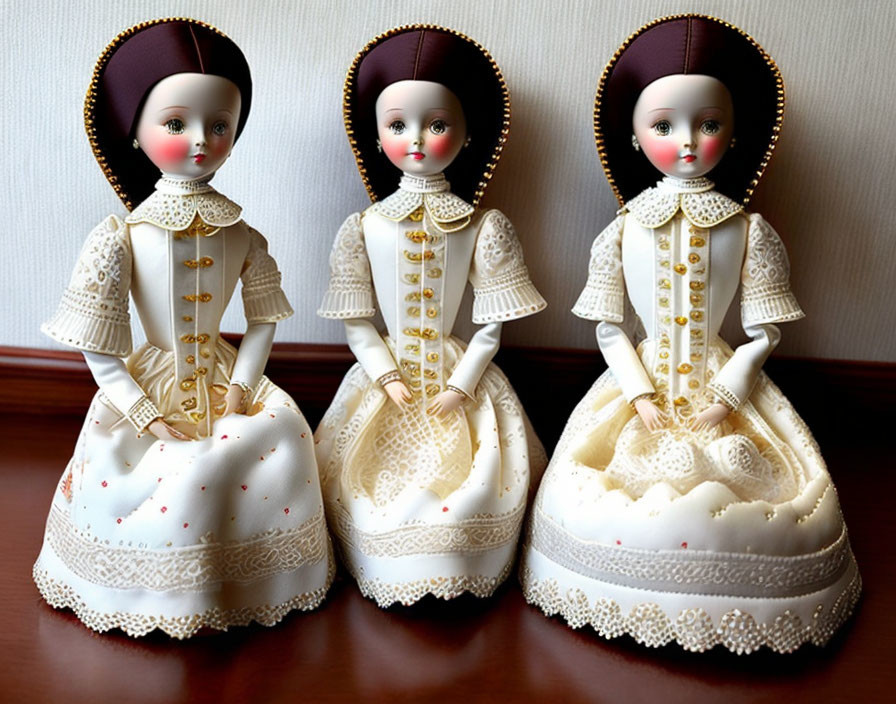 Vintage White and Gold Porcelain Dolls on Wooden Surface