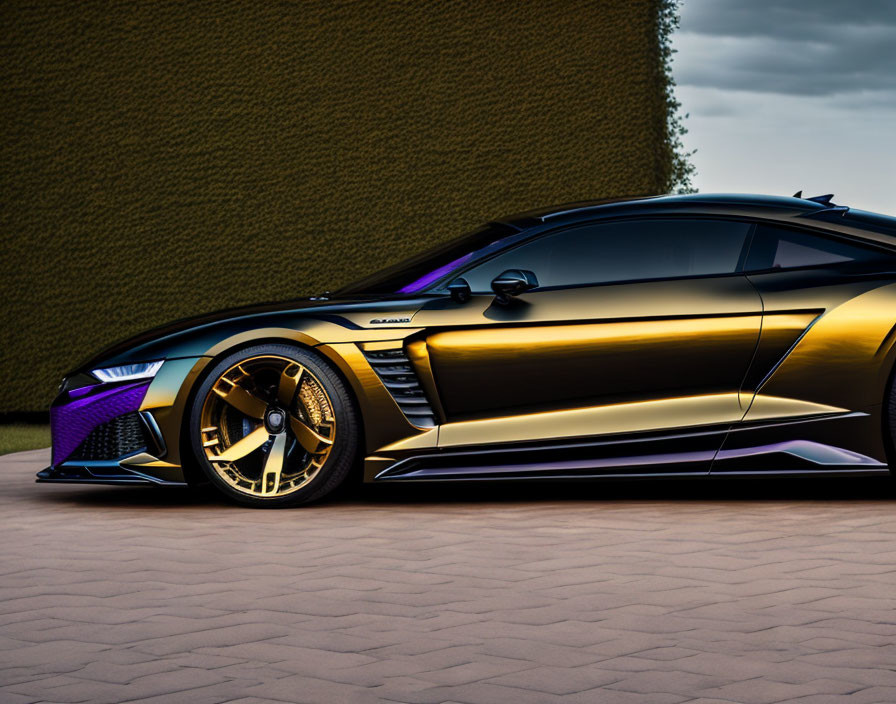 Black and Gold Futuristic Sports Car Parked in Front of Textured Wall at Dusk