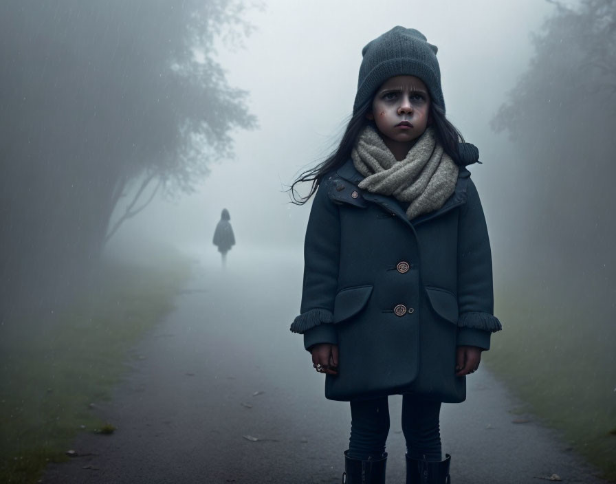 Child in warm coat and beanie on foggy path with figure in background
