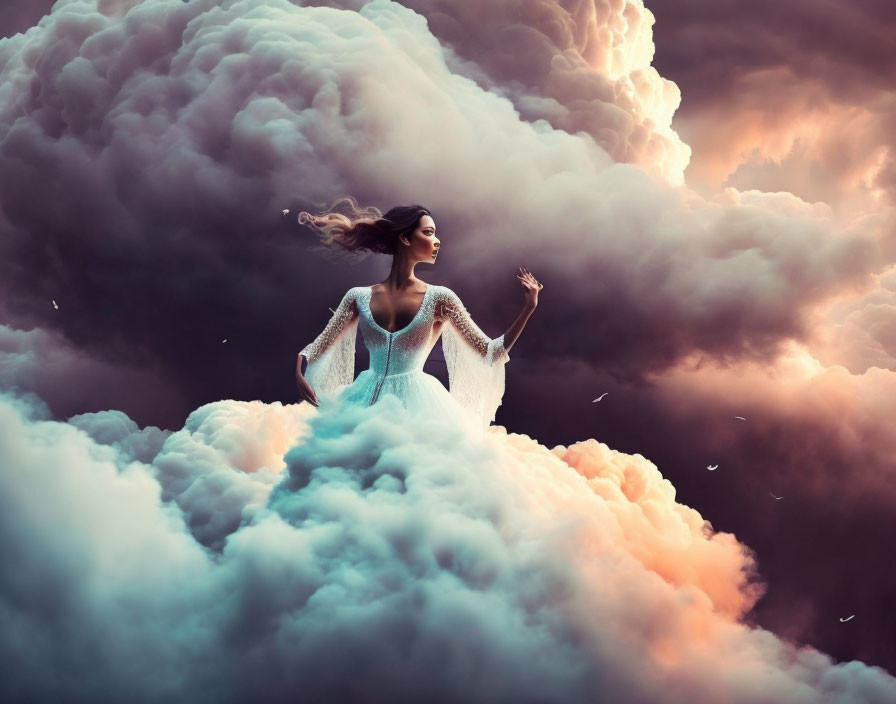 Woman in flowing white dress on clouds against dramatic sky