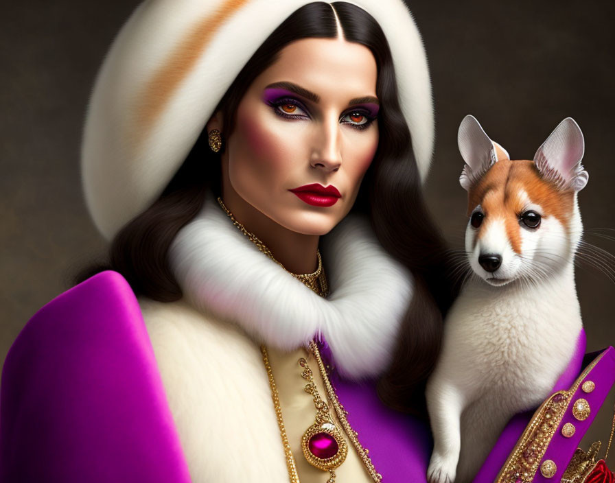 Woman with bold makeup and fur hat posing with corgi in crown on dark background