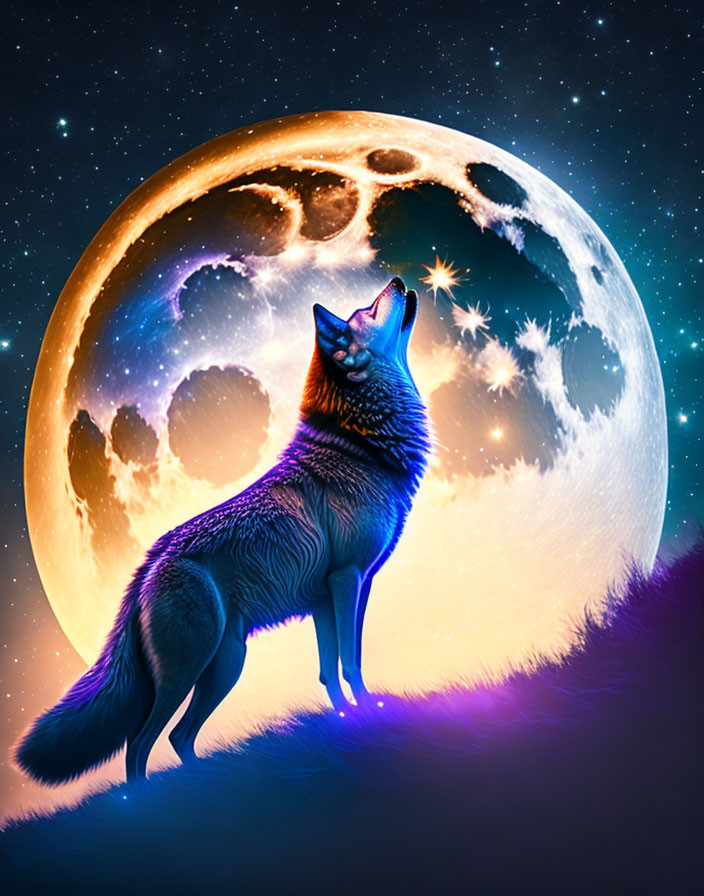 Wolf howling on hill under full moon in colorful starry night