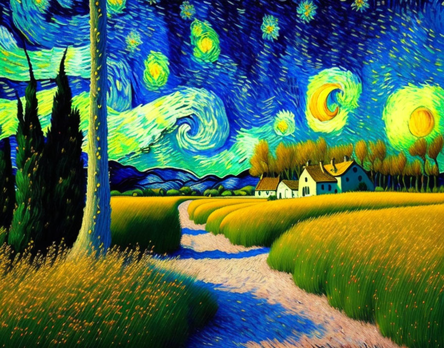 Vibrant painting of starry night sky over sleeping village