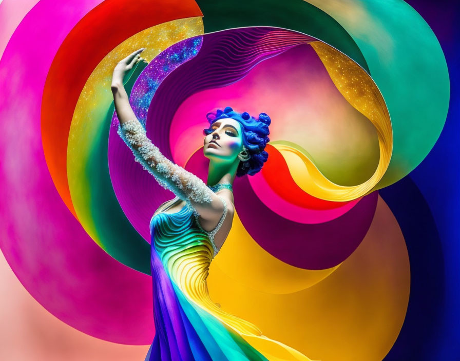 Blue-haired woman in colorful dress surrounded by vibrant spiral rainbow installation