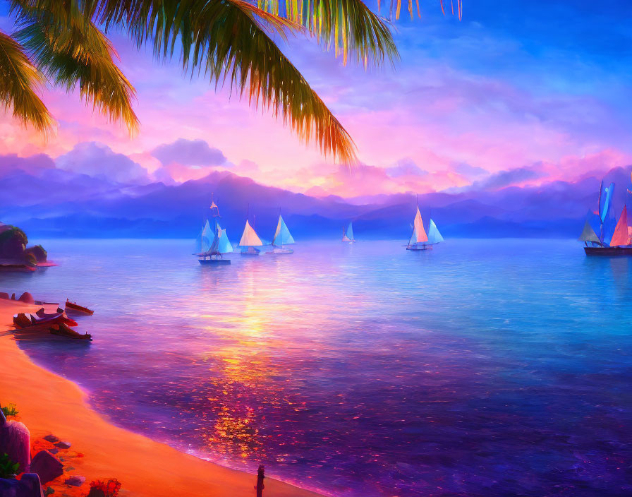 Scenic sunset with sailboats on calm sea from tropical beach