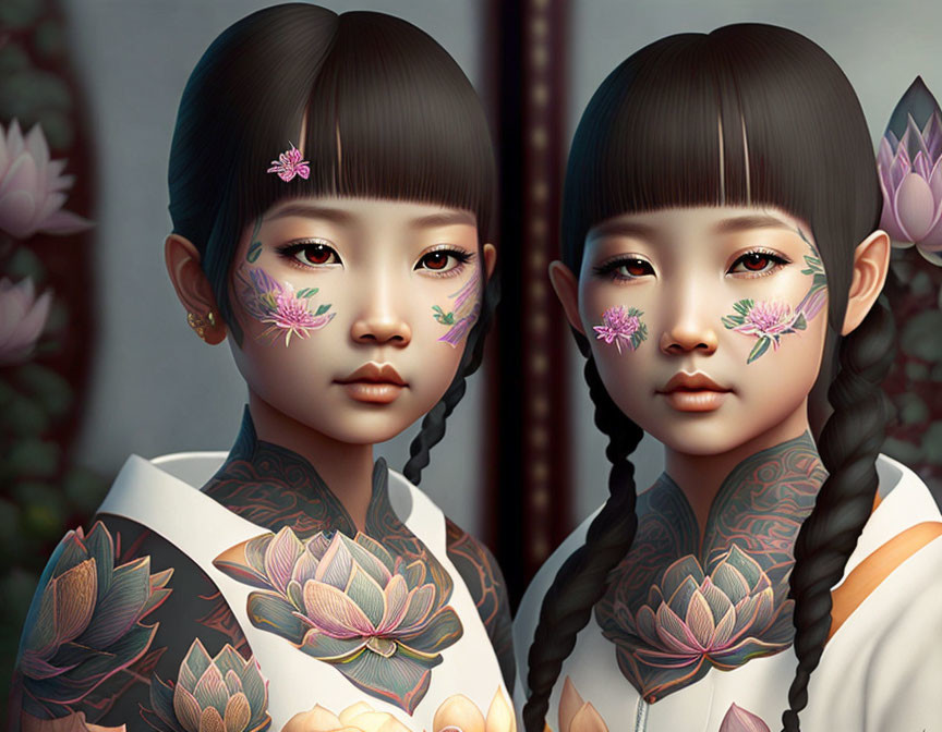 Two girls with floral tattoos and face flowers in white outfits with lotus patterns