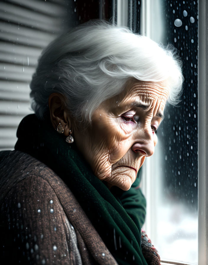 Elderly woman with white hair and earrings looking out rain-spattered window