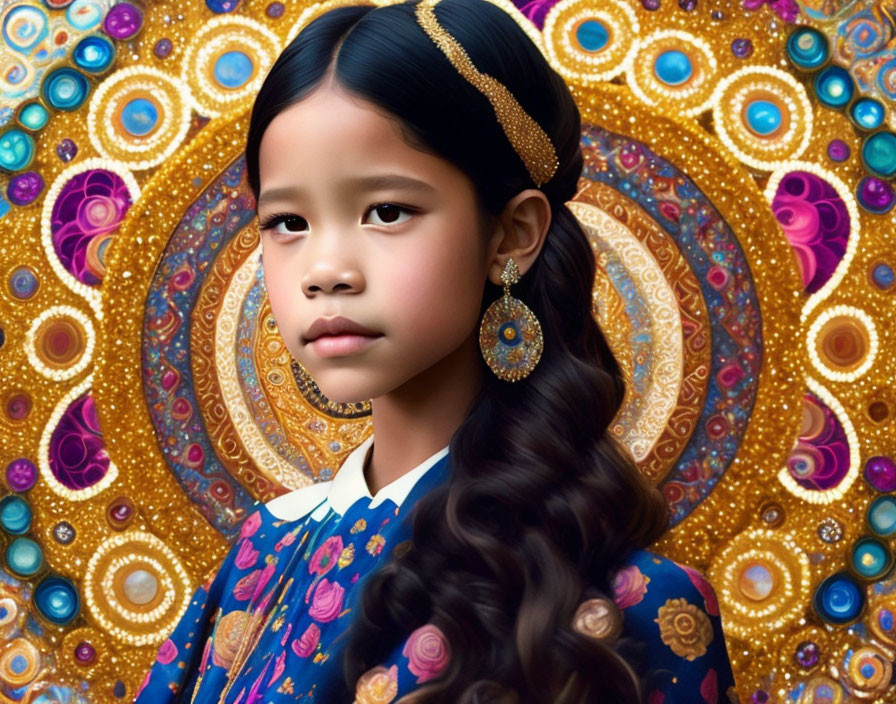 Young girl with headband and intricate earrings in front of vibrant mandala backdrop