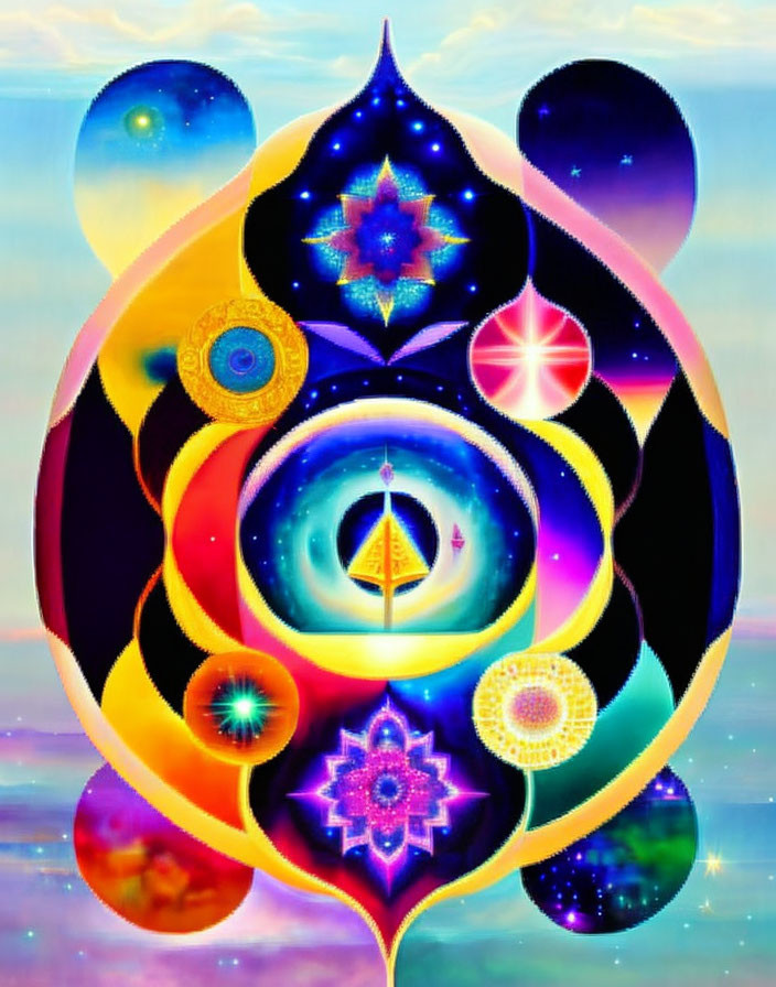 Abstract Symmetrical Psychedelic Composition with Cosmic and Floral Motifs