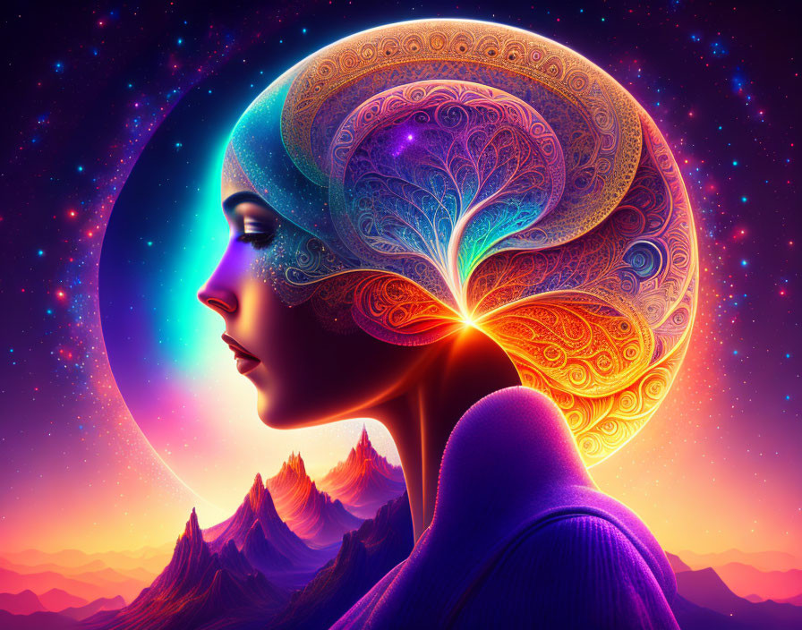 Colorful Woman's Profile Illustration with Cosmic Background