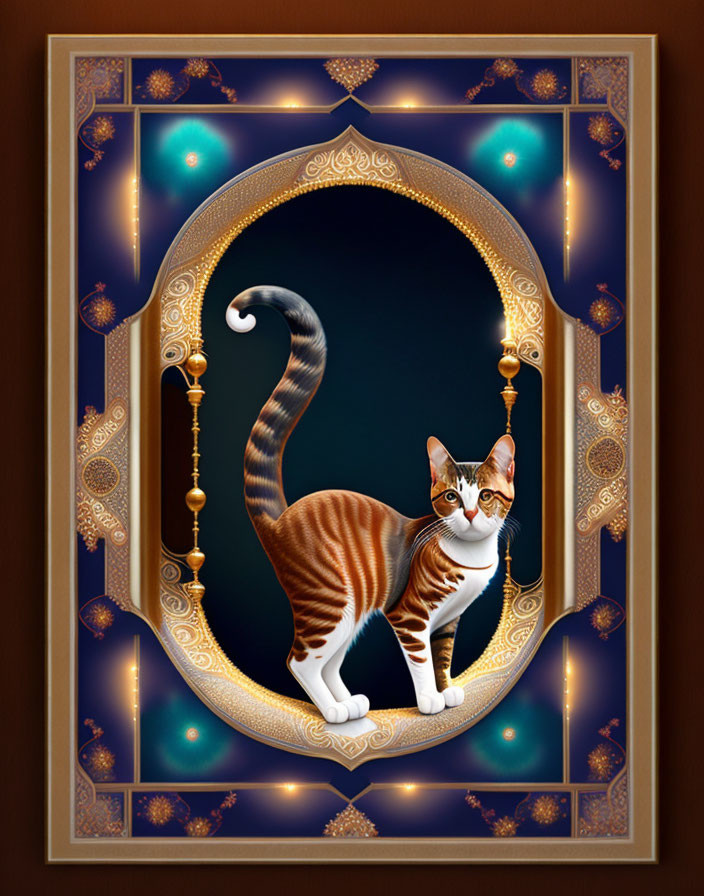 Brown and White Cat in Ornate Jeweled Frame with Golden Designs