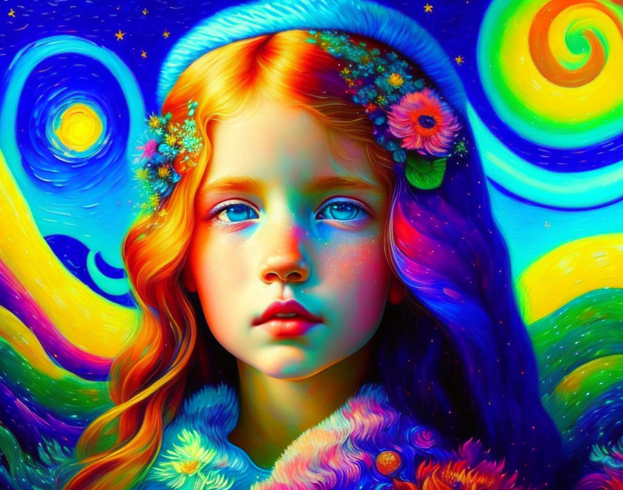 Digital artwork of red-haired girl with blue eyes and flowers in Van Gogh-esque setting