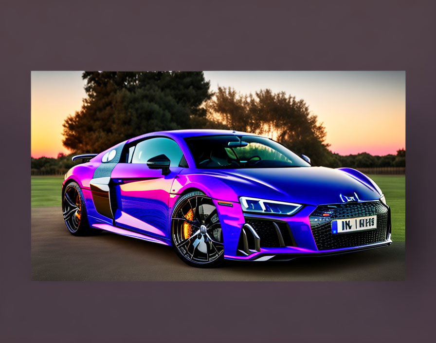 Purple Audi R8 sports car with LED headlights at sunset