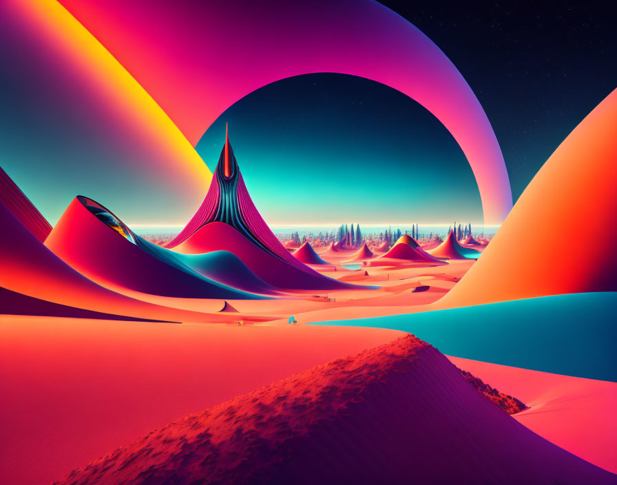 Colorful surreal landscape with dunes, futuristic structures, crescent moon, and starry sky