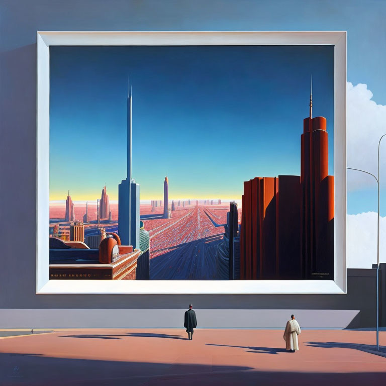Surreal painting featuring two people, cityscape, skyscrapers, roads, and picture frame