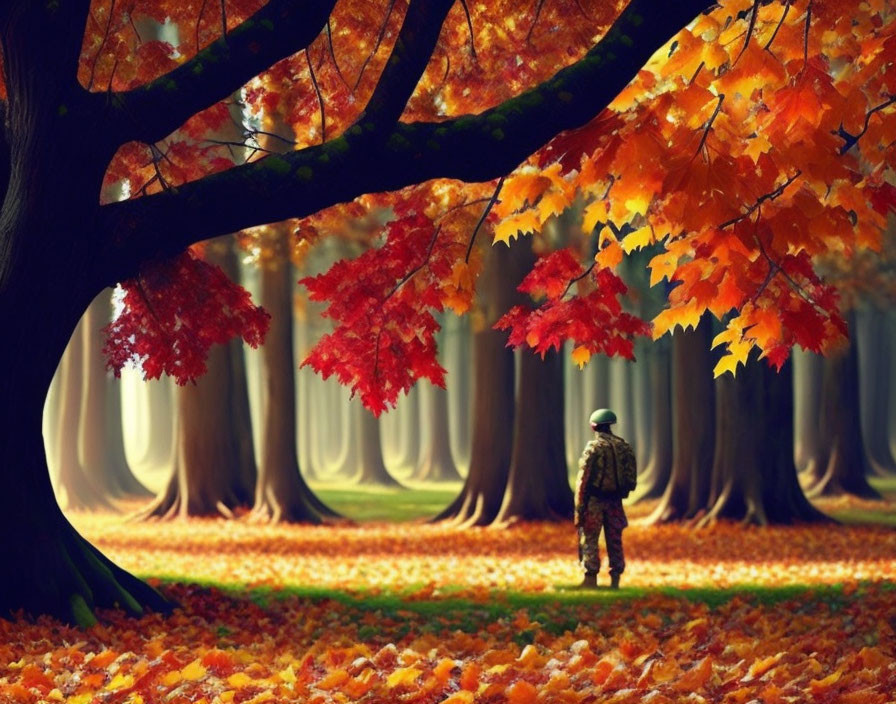 Military person under autumn tree in forest with fallen leaves