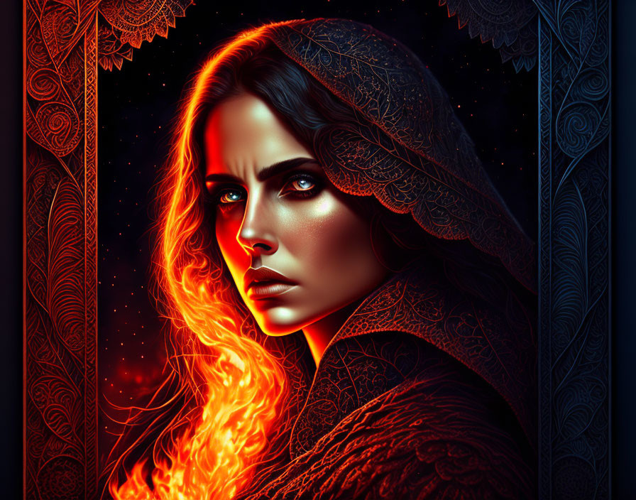 Digital artwork of woman in ornate dark cloak with fiery elements and intricate patterns