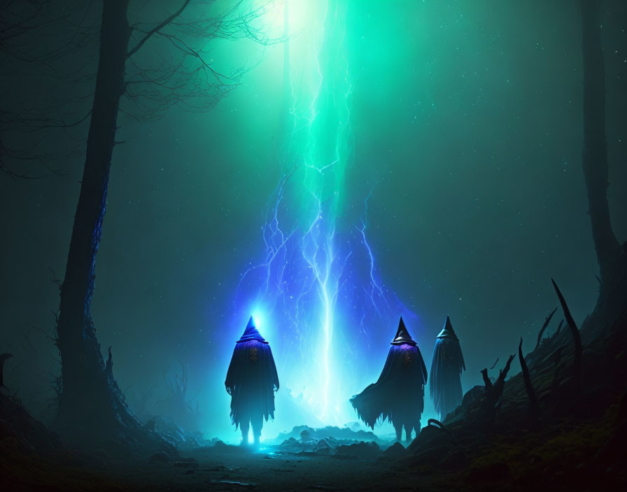 Mystical forest scene with three cloaked figures
