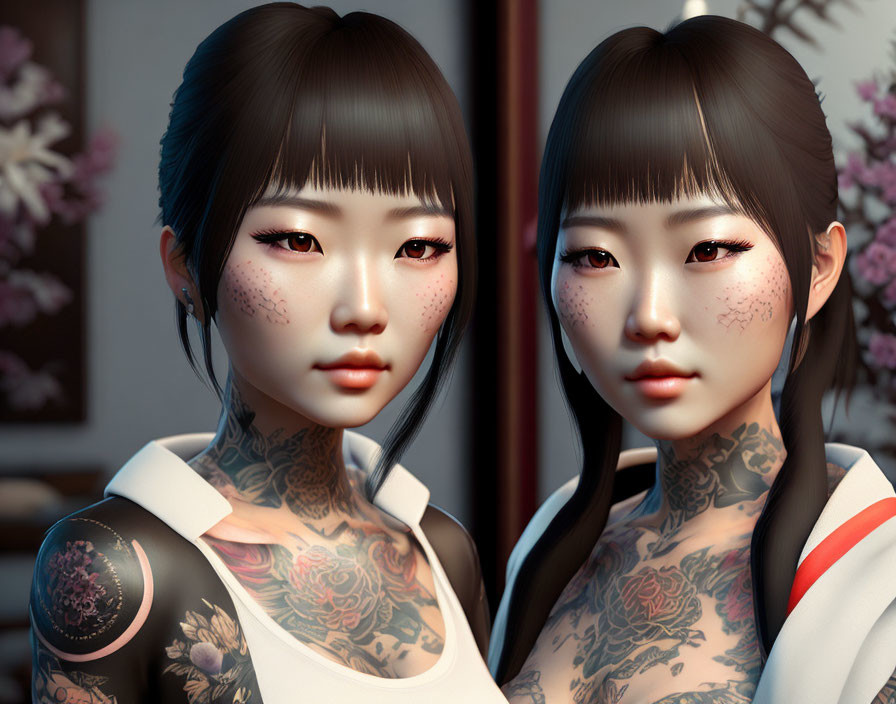 Twin girls with matching tattoos and freckles in cherry blossom setting