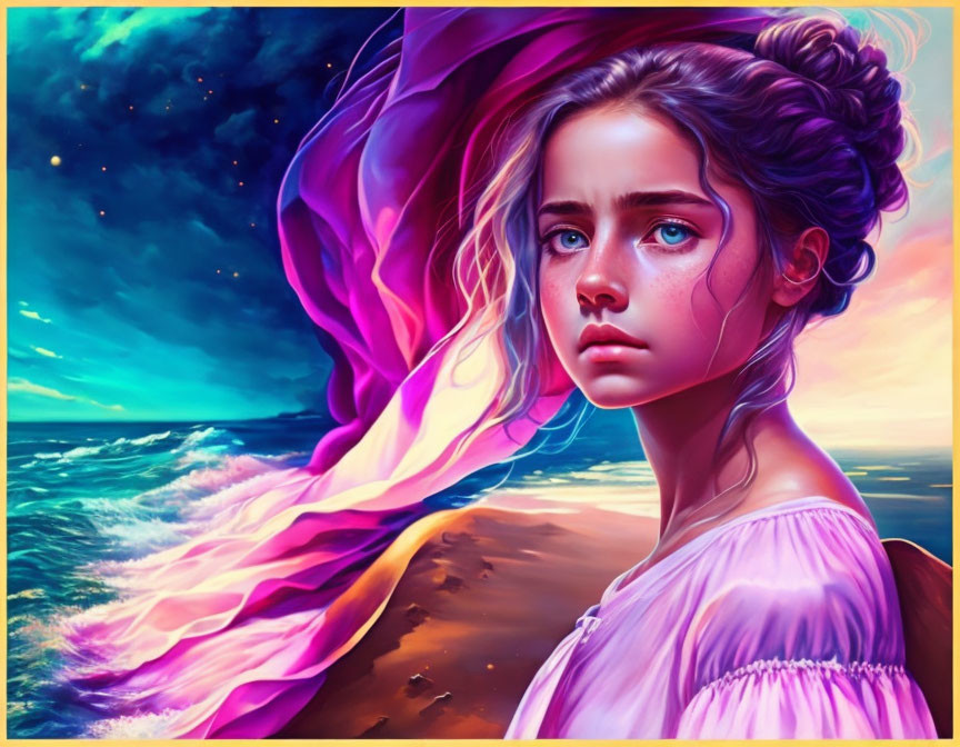Digital artwork: Young woman with purple hair in ocean landscape