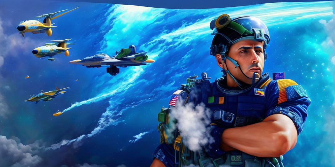 Confident Pilot in Helmet and Flight Suit with Fighter Jets in Blue Sky