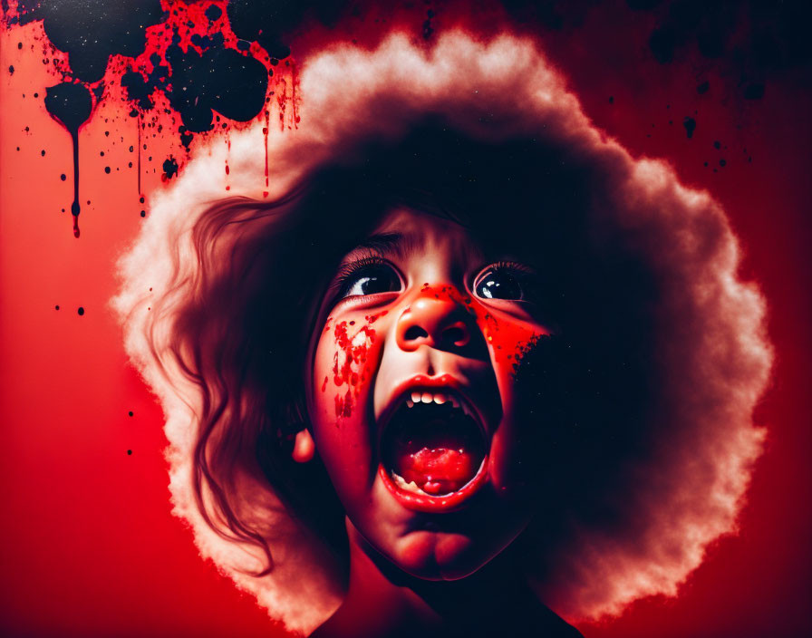 Child screaming in dramatic red background with white halo: haunting visual