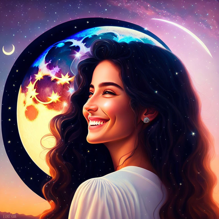 Smiling woman with long hair in cosmic backdrop